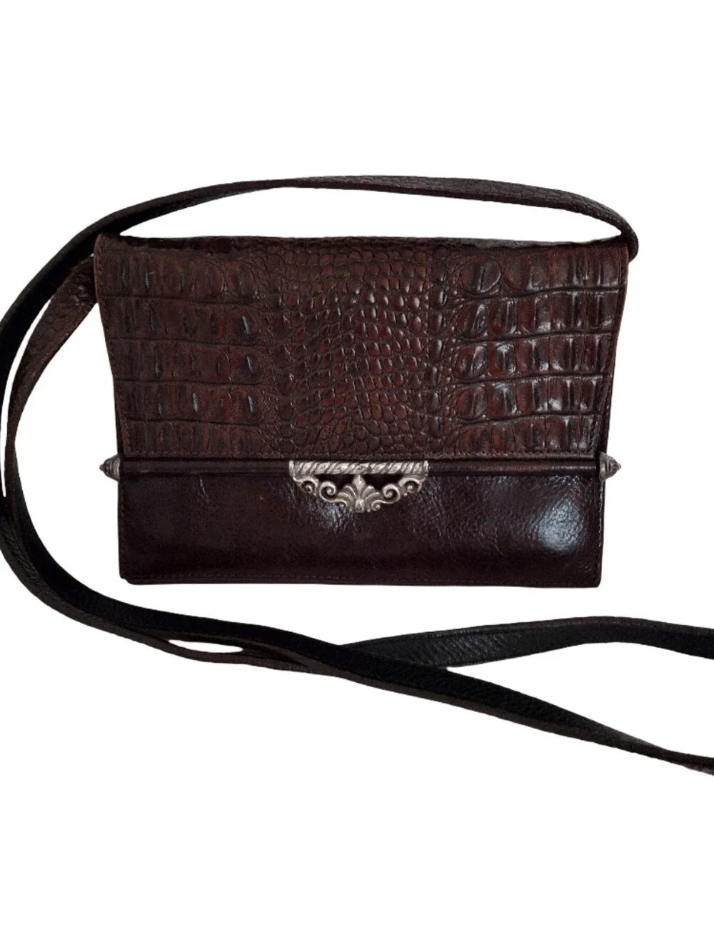 Vintage Brighton Brown Leather Croc Crossbody Bag Western Rodeo Indie Boho